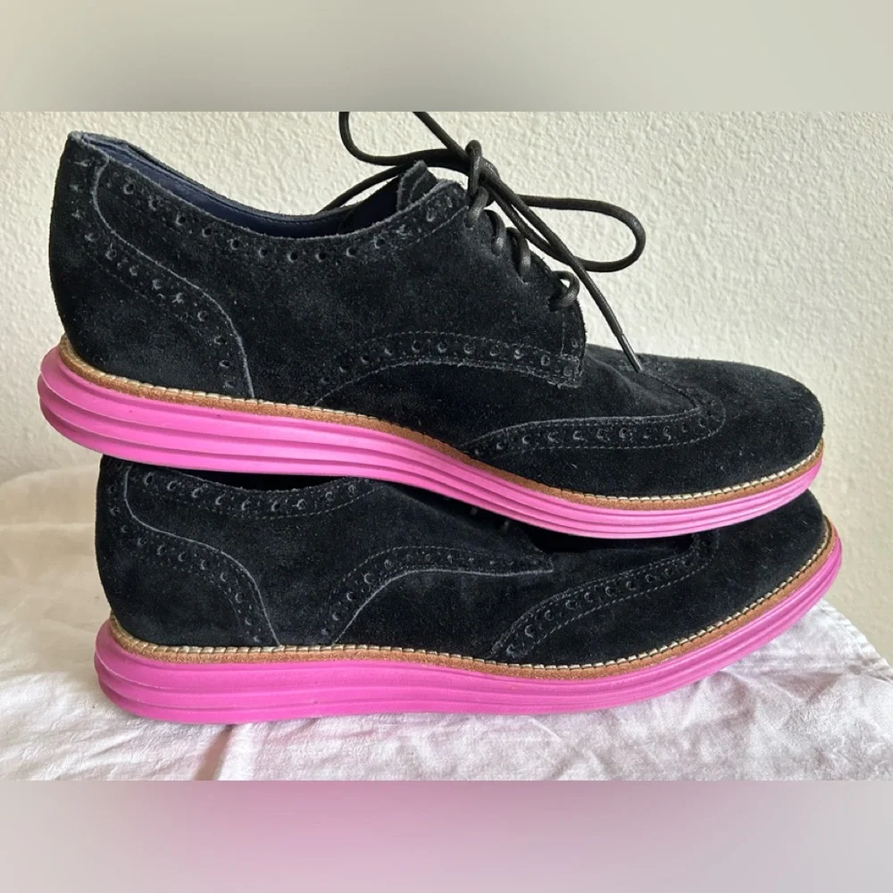 COLE HAAN Mens Lunargrand Pink Black Genuine Leather Suede Wingtip Shoes Sz 11.5 - Picture 3 of 8